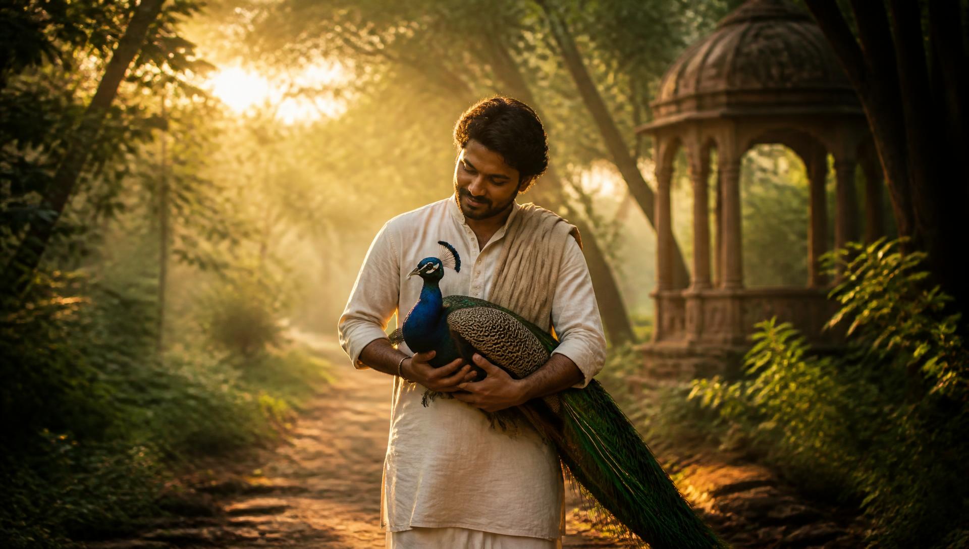 एक व्यक्ति घायल मोर को सुरक्षित रूप से गोद में उठाकर देखभाल के लिए ले जाते हुए